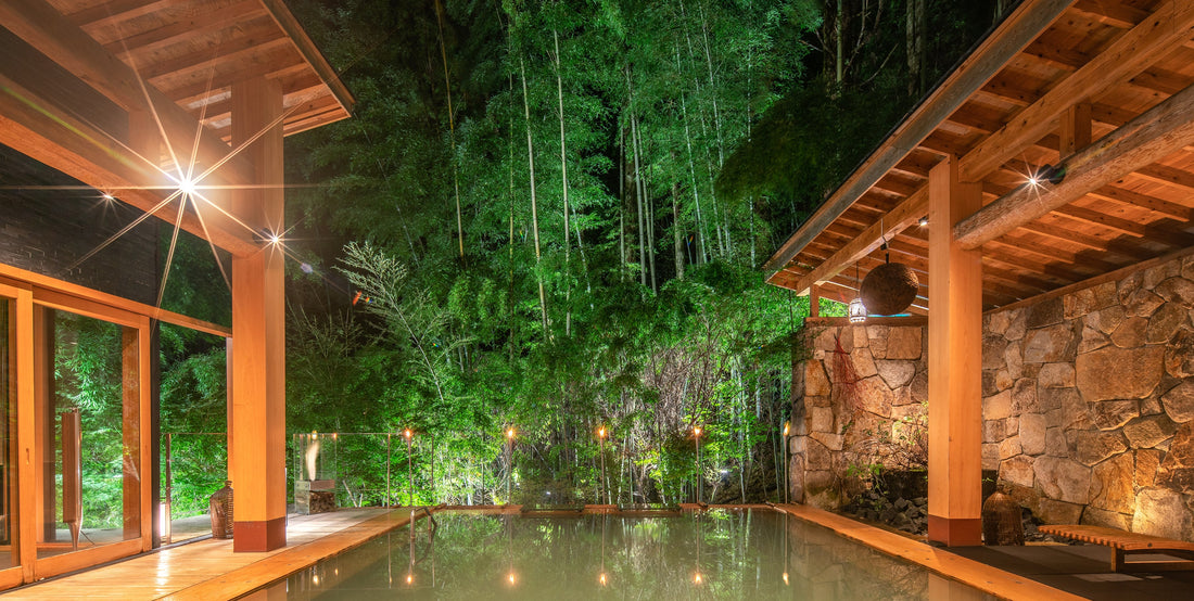 Takefue ryokan entrance through bamboo grove in Kumamoto, Japan