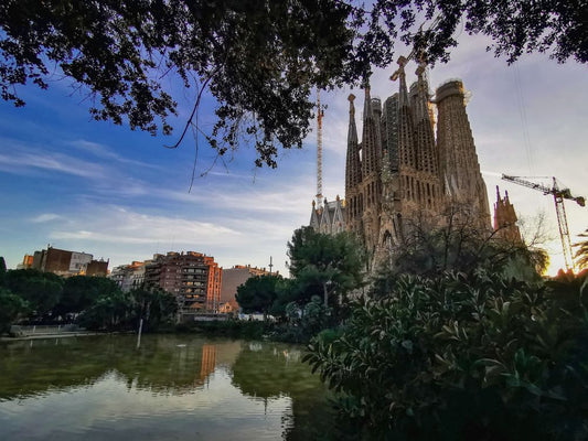 Sagrada Familia at sunset in Barcelona Spain